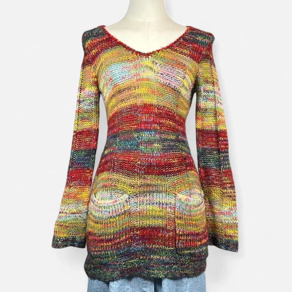 Multicolored Rainbow Acrylic Knit Tunic Sweater Pockets Womens S Boho Cottage